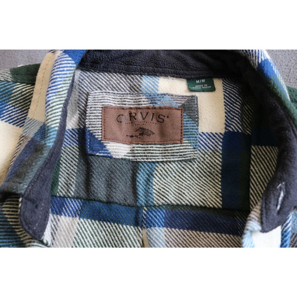 ORVIS Mens Medium Blue Green Plaid Flannel Shirt Long Sleeve Button Down Flap - Picture 15 of 16
